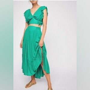 Free People Women's 2 Piece Skirt Set Green Polka Dot  Ruffled Slit Size M Boho